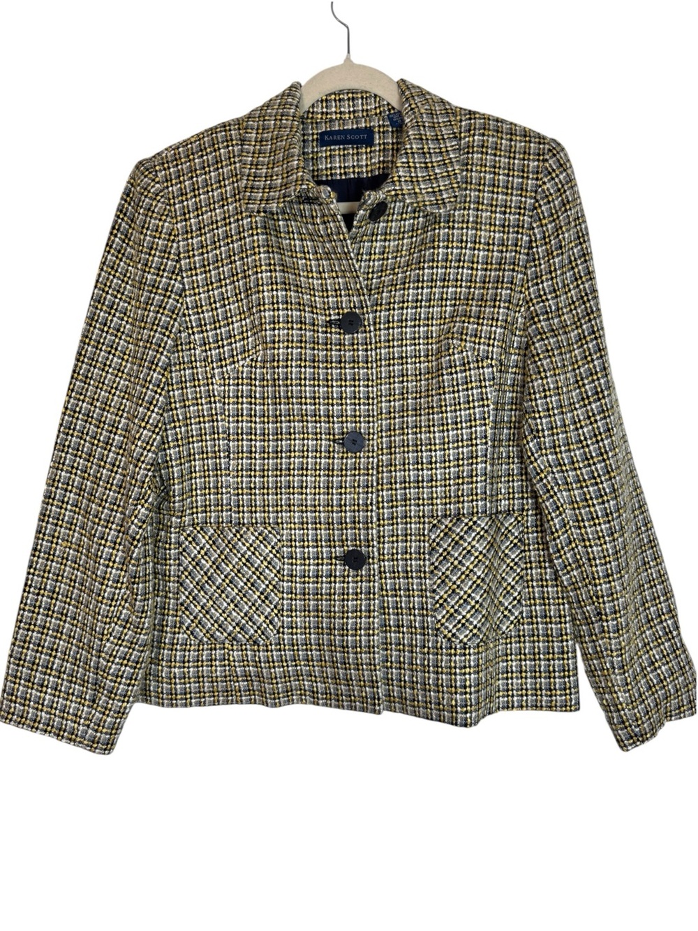 Karen Scott Yellow & Black Plaid Tweed Size 12 Blazer Jacket